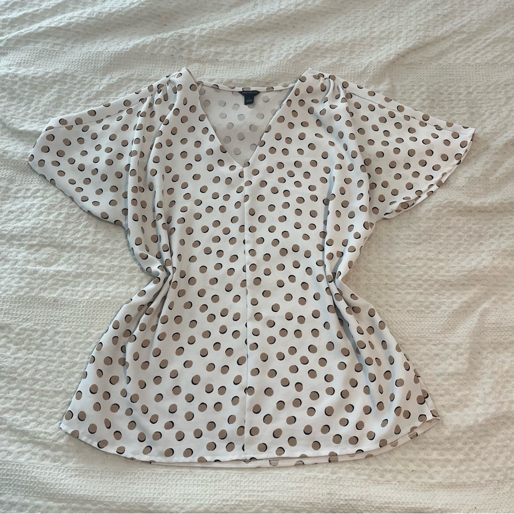Ann Taylor White and Brown Polka Dot V-Neck Blouse